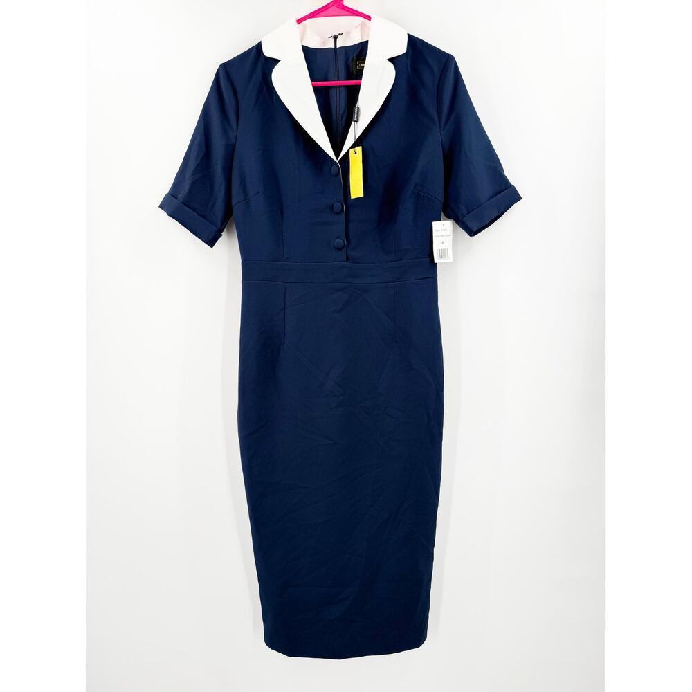 ALEXIA ADMOR Dress SZ 6 NWT Retro Collared Navy White Sheath Knee Length Modest - Picture 2 of 15